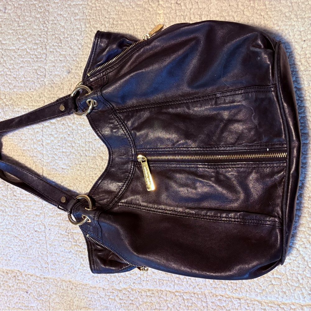 Michael Kors Black Leather Shoulder Bag with Gold Accents